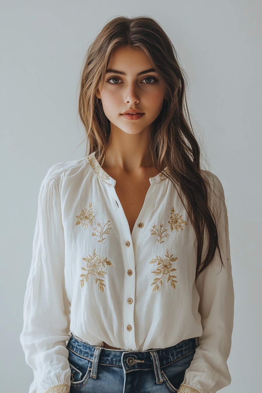 Women elegant white blouse features  button