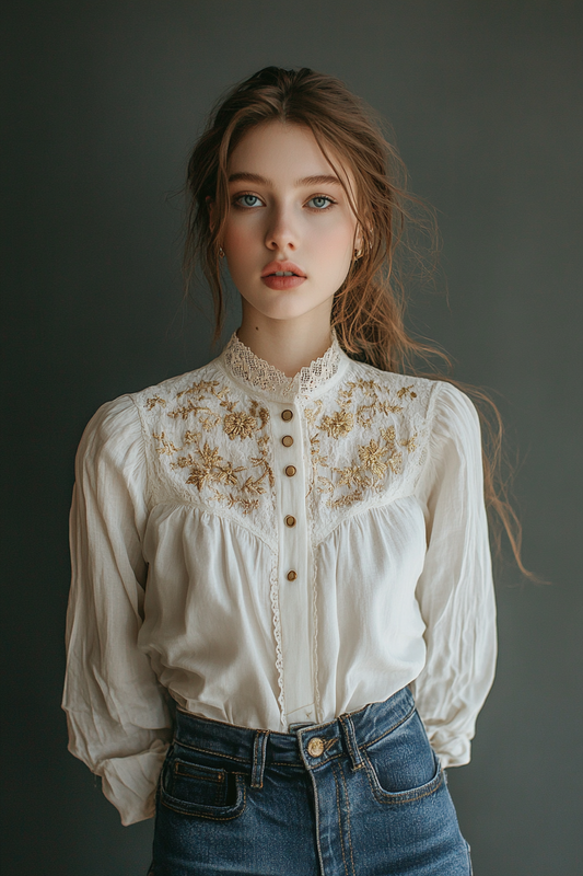 Women elegant white blouse features  button