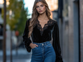 Women black lace long-sleeved top