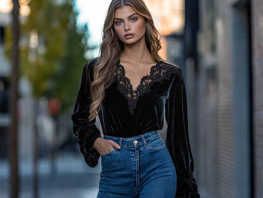 Women black lace long-sleeved top