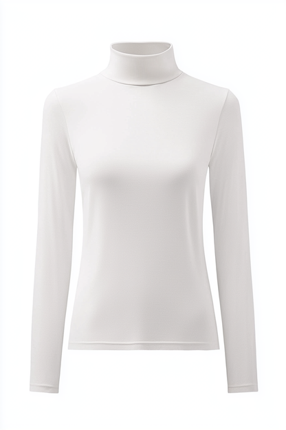 Long-sleeve white top features a sleek design and high neckline
