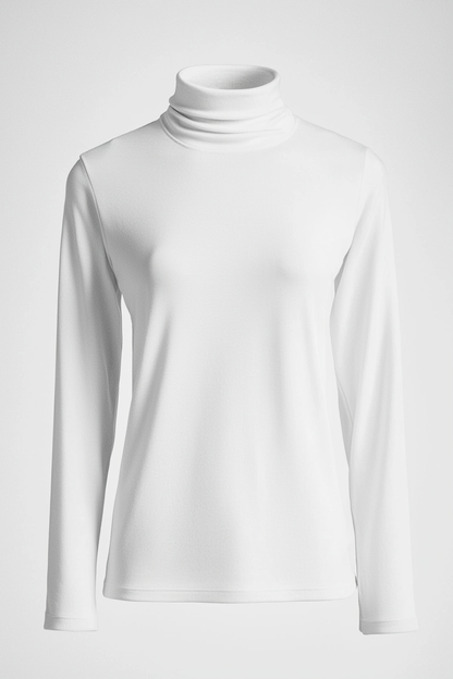 Long-sleeve white top features a sleek design and high neckline
