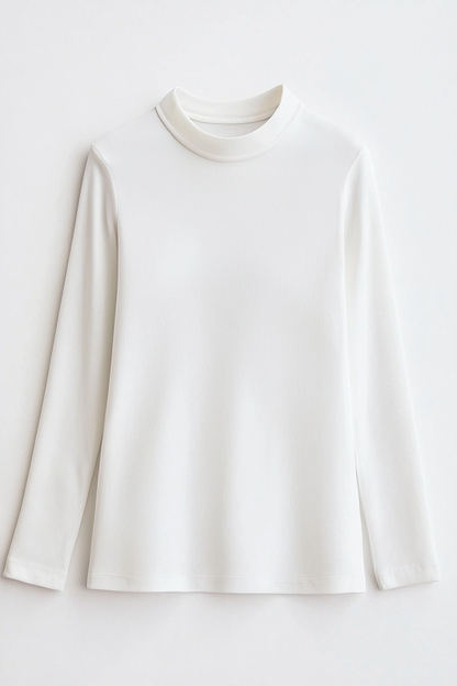 Long-sleeve white top features a sleek design and high neckline