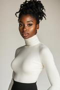 Long-sleeve white top features a sleek design and high neckline
