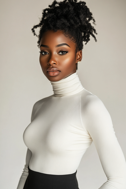 Long-sleeve white top features a sleek design and high neckline