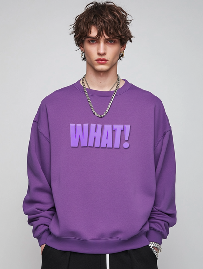 Purple sweatshirt for men features a 3D silicone letter print