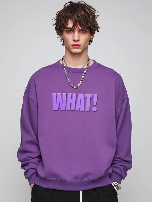 Purple sweatshirt for men features a 3D silicone letter print