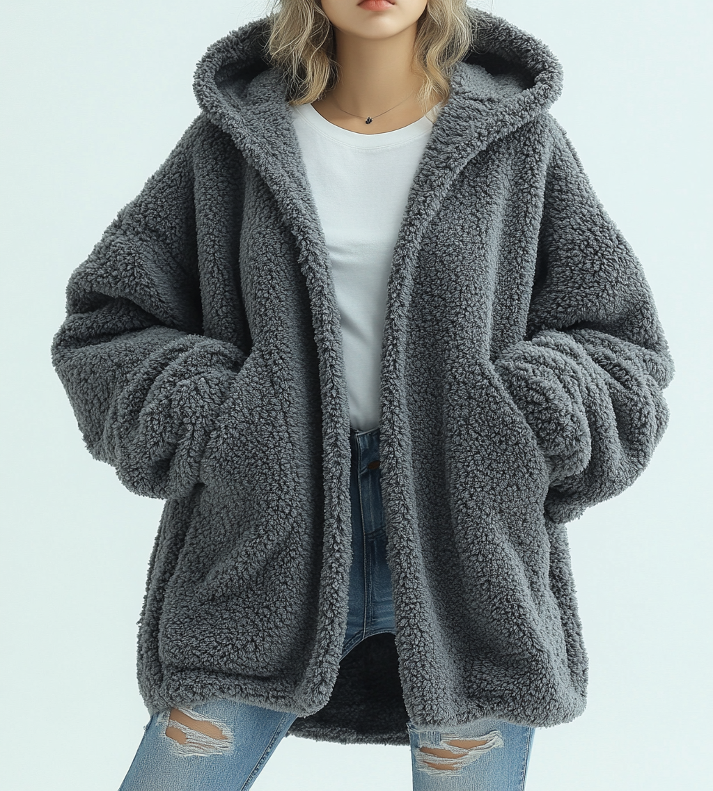 Womens long-sleeve cardigan coat features a stylish hood