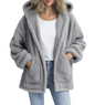 Womens long-sleeve cardigan coat features a stylish hood