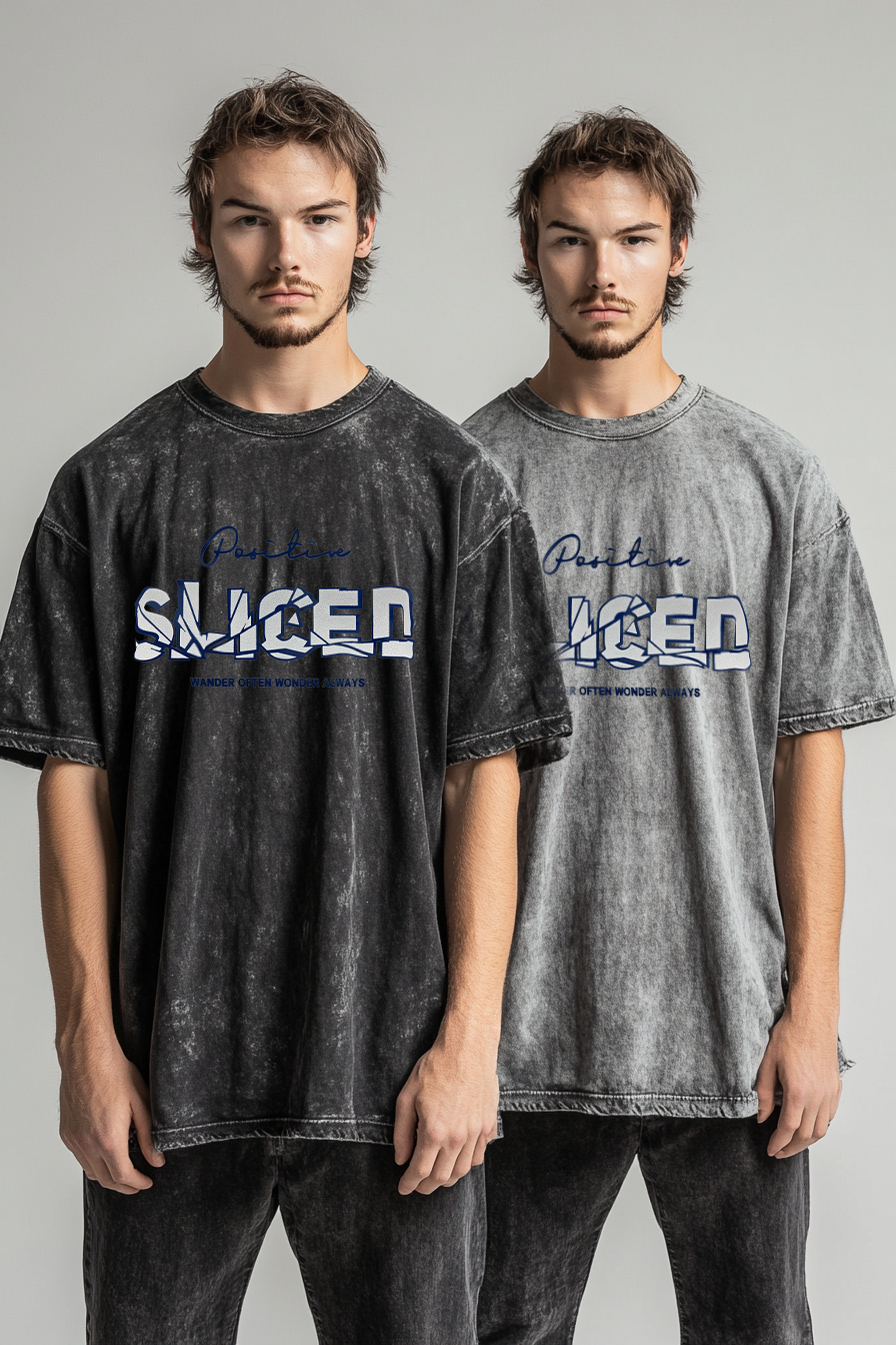 Men's water-washed faded T-shirt features a silver metallic print
