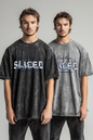 Men's water-washed faded T-shirt features a silver metallic print