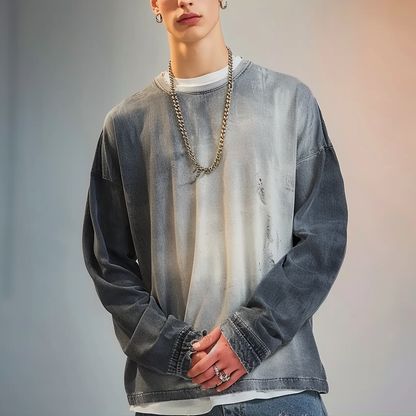 Men's long-sleeved shirt features a vintage distressed design