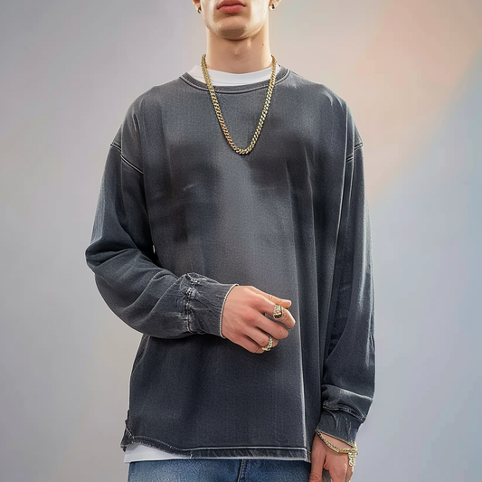 Men's long-sleeved shirt features a vintage distressed design
