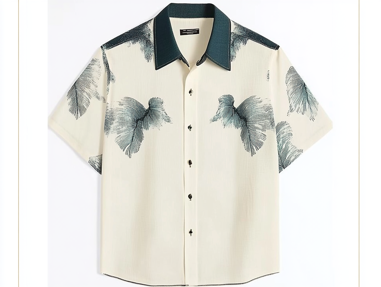 Men's short-sleeved shirt features a unique leaf print design
