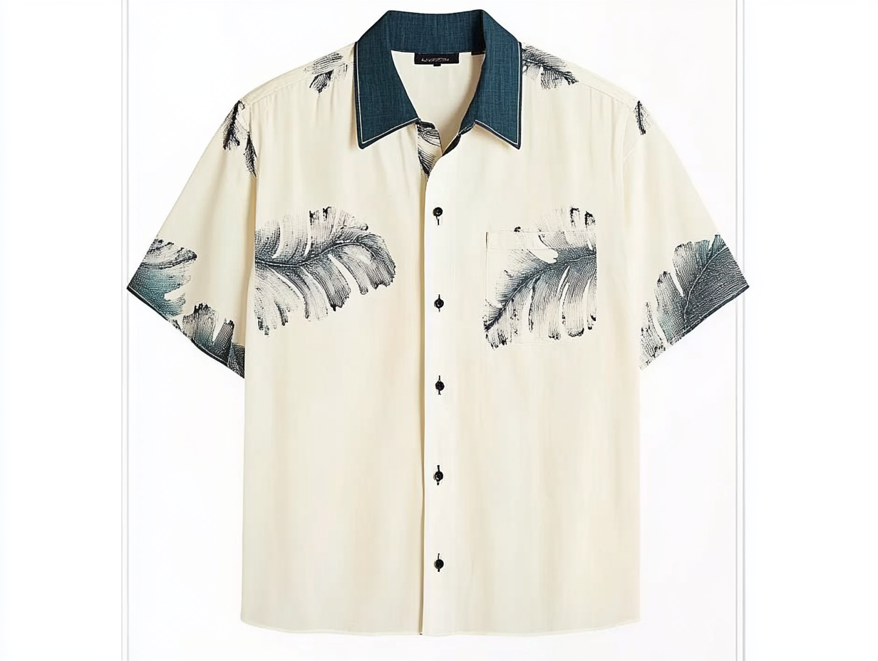 Men's short-sleeved shirt features a unique leaf print design
