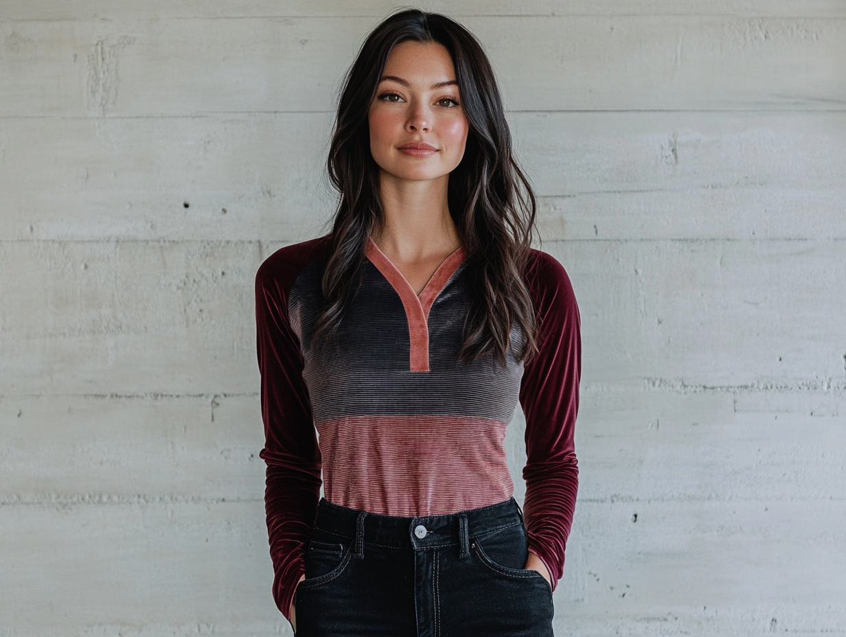 Womens fashion top is made of luxurious burgundy velvet and features a long-sleeve Henley design