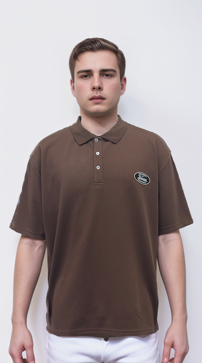 Brown polo features a silver metallic print