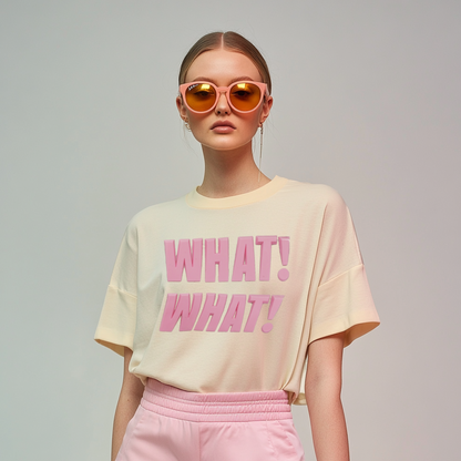 Light yellow women T-shirt features a three-dimensional letter print