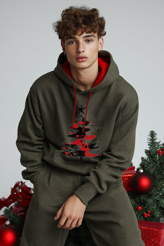 Men's hoodie features a striking green and red color combination