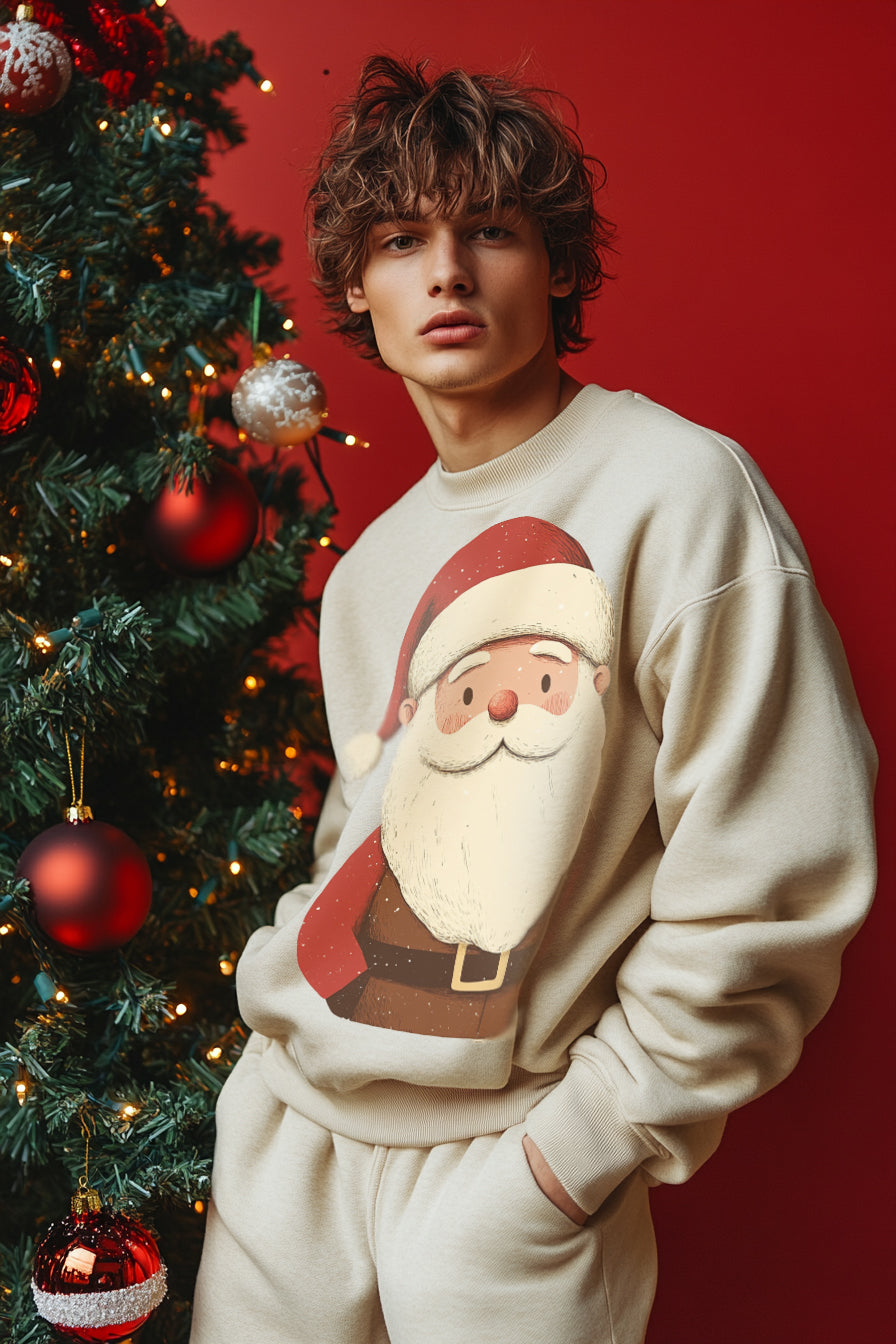 Men's sweatshirt features a festive Santa Claus print