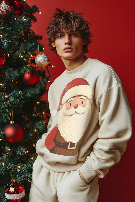 Men's sweatshirt features a festive Santa Claus print