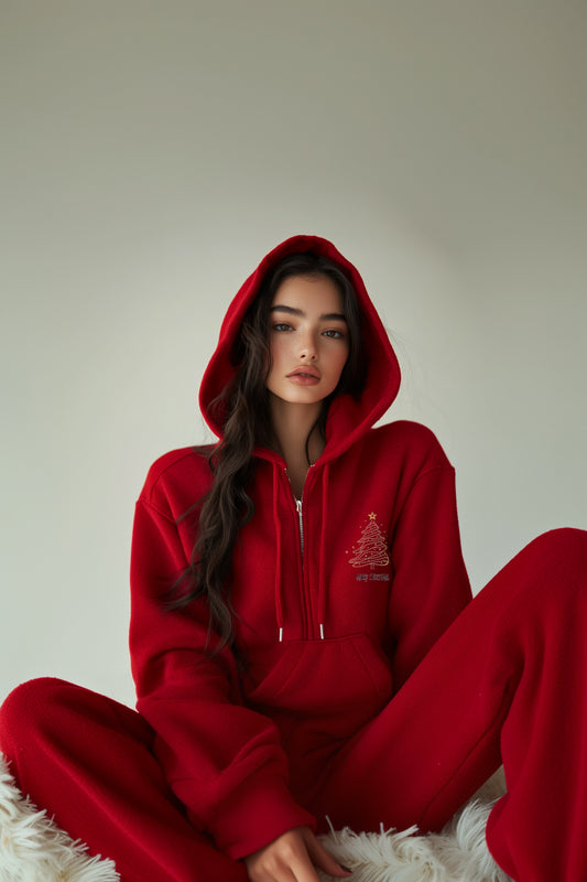 Red zip-up hoodie set features a festive Christmas tree print