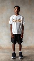 Children's white T-shirt features a variety of printing techniques
