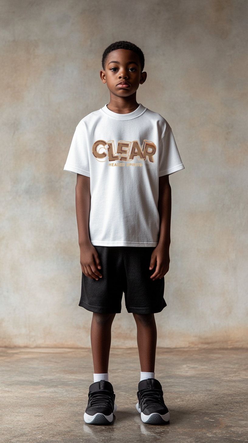 Children's white T-shirt features a variety of printing techniques
