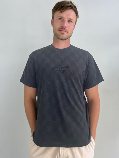 Jacquard fabric men black T-shirt with embroidery