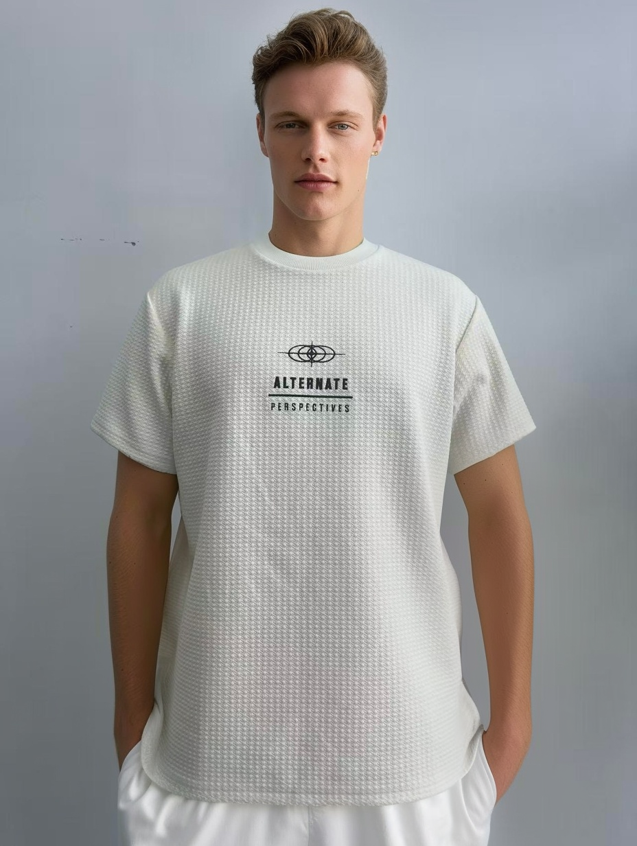 Jacquard fabric men white T-shirt with embroidery