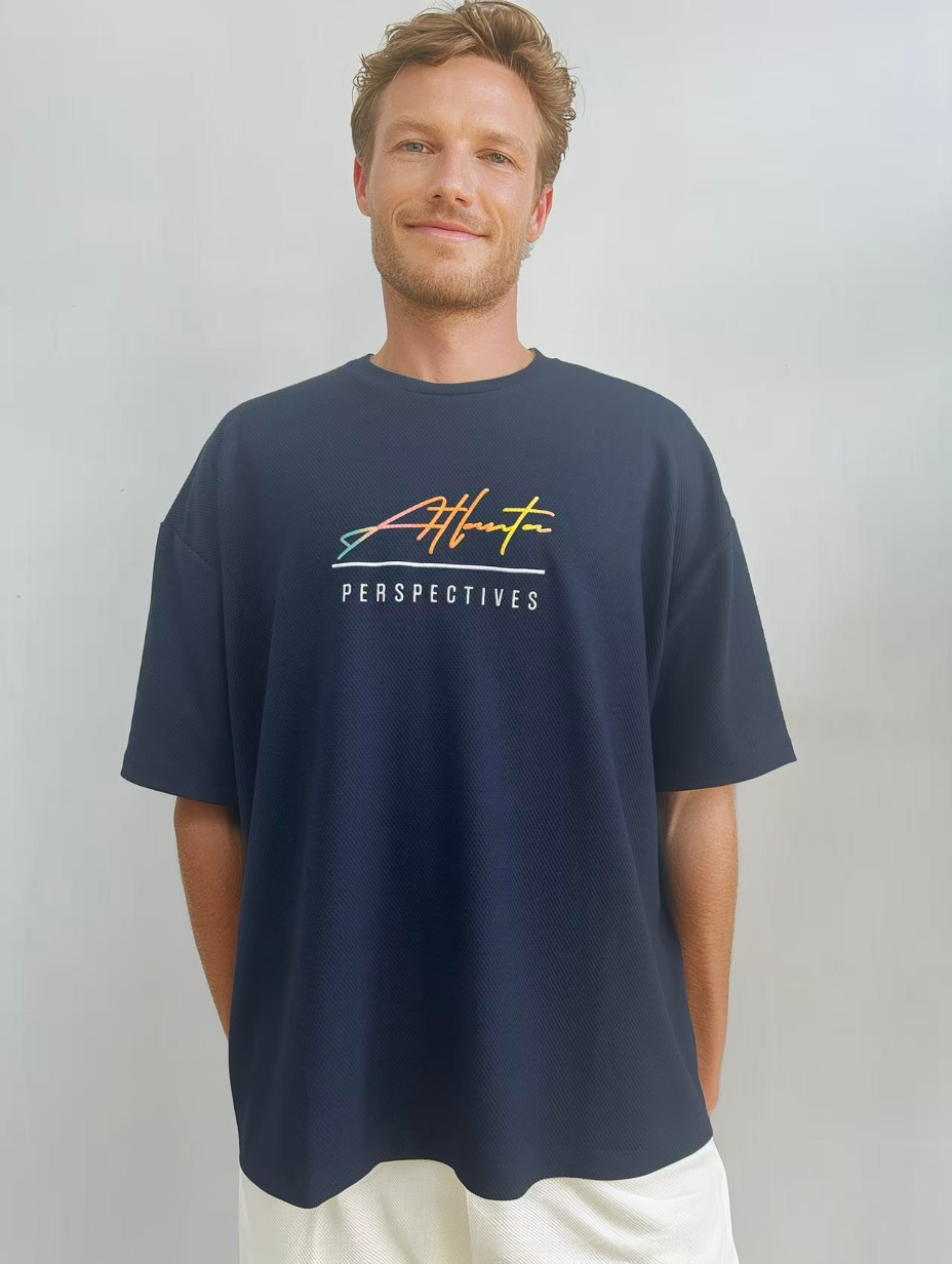 Jacquard fabric men T-shirt with embroidery and Gradient color printing