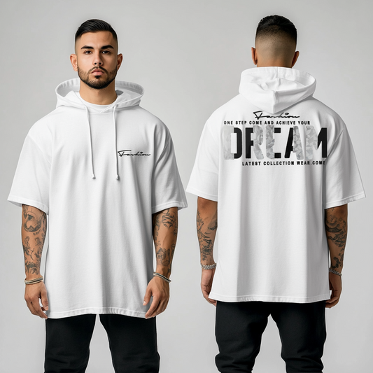 Men's white short-sleeved hoodie