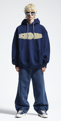 Men's dark blue hooded sweatshirt features a unique printed design