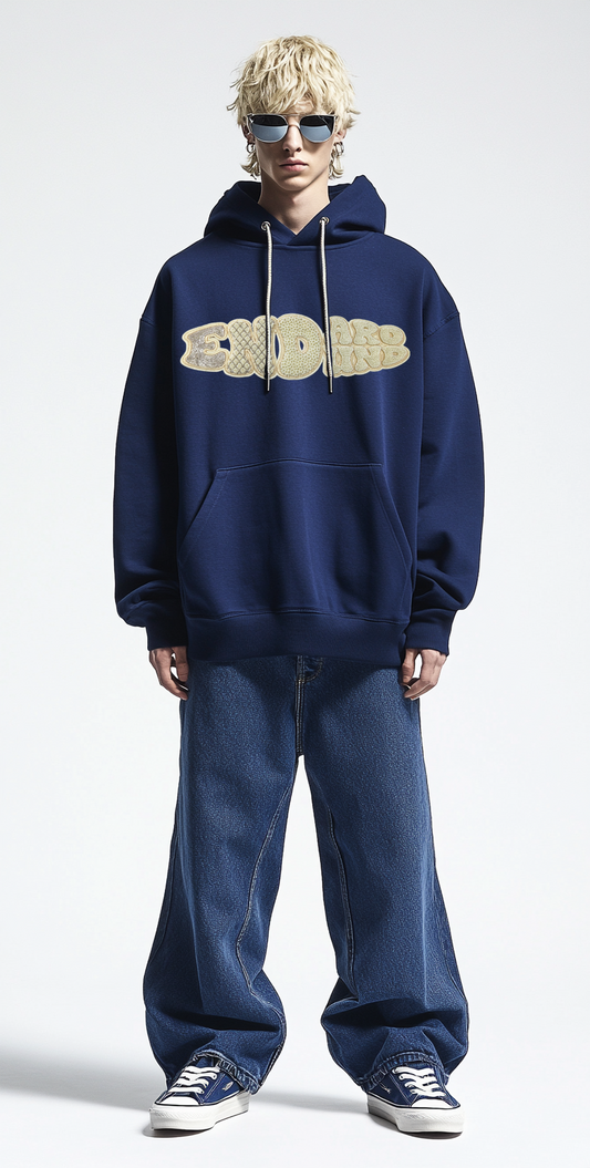 Men's dark blue hooded sweatshirt features a unique printed design