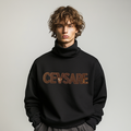 Men's black  turtleneck sweatshirt features a stylish print design