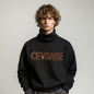 Men's black  turtleneck sweatshirt features a stylish print design