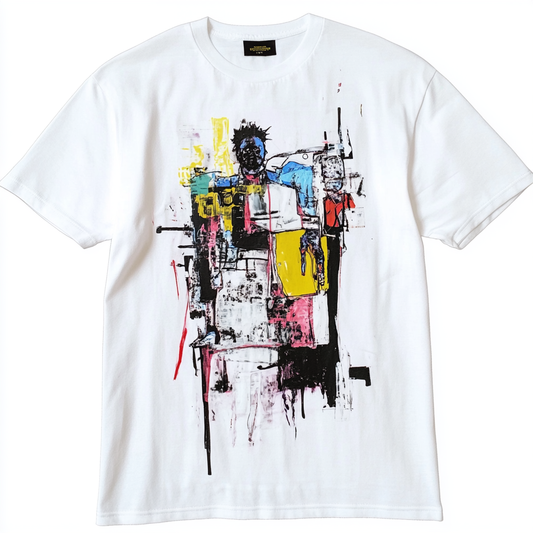 White tee features a unique doodle print