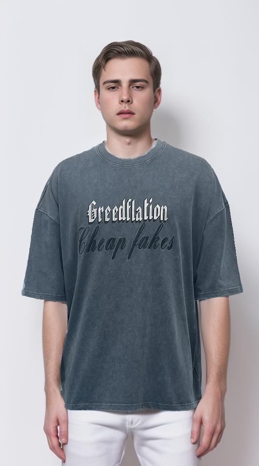 Blue-gray T-shirt features multi-process printing